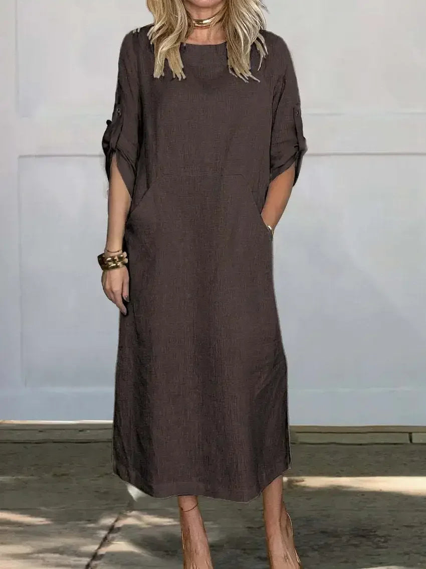 Emily | Women's Casual Roll Tab Sleeves Linen Midi Dress