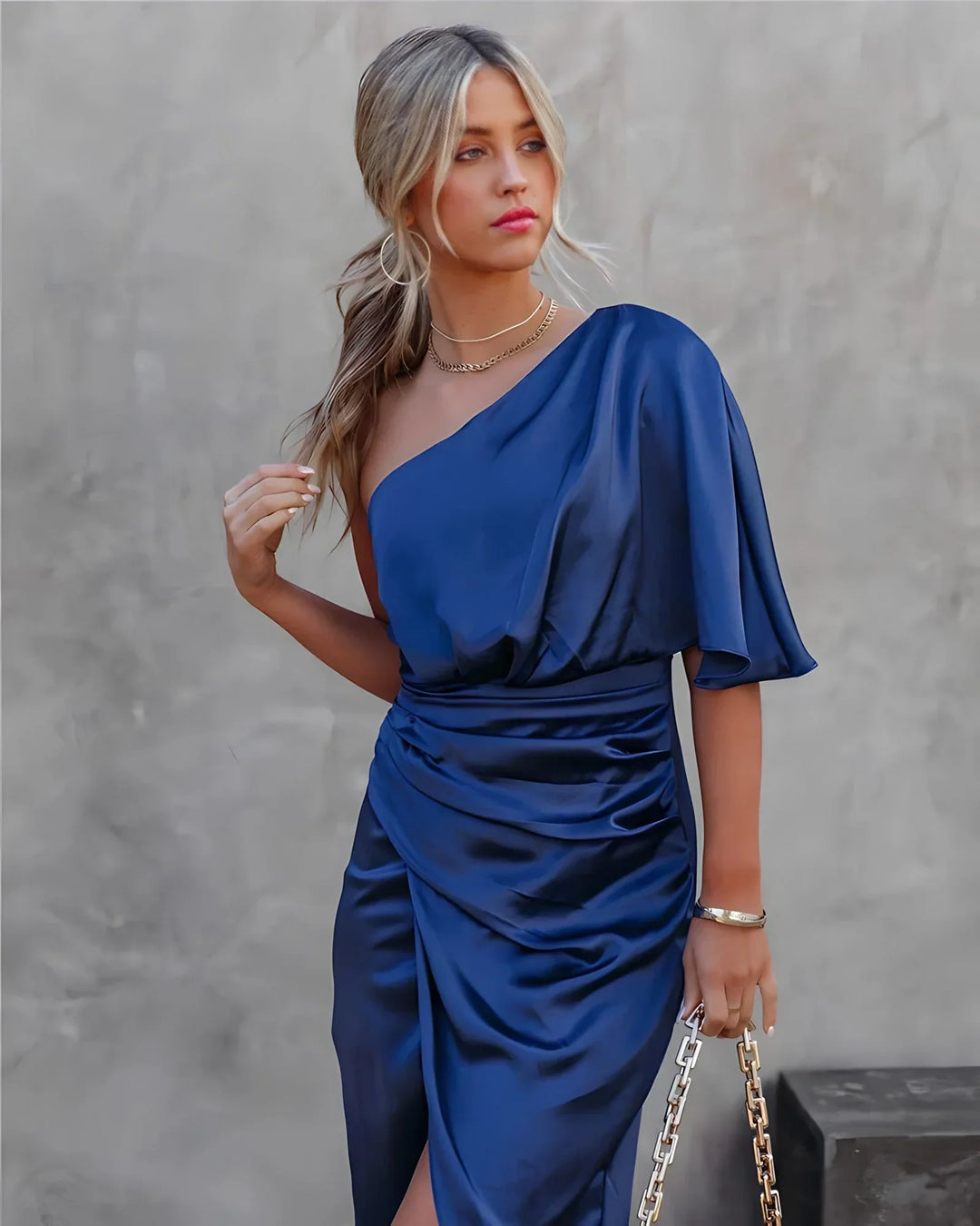 Dana | Women's One-Shoulder Midi Dress with Asymmetrical Hem