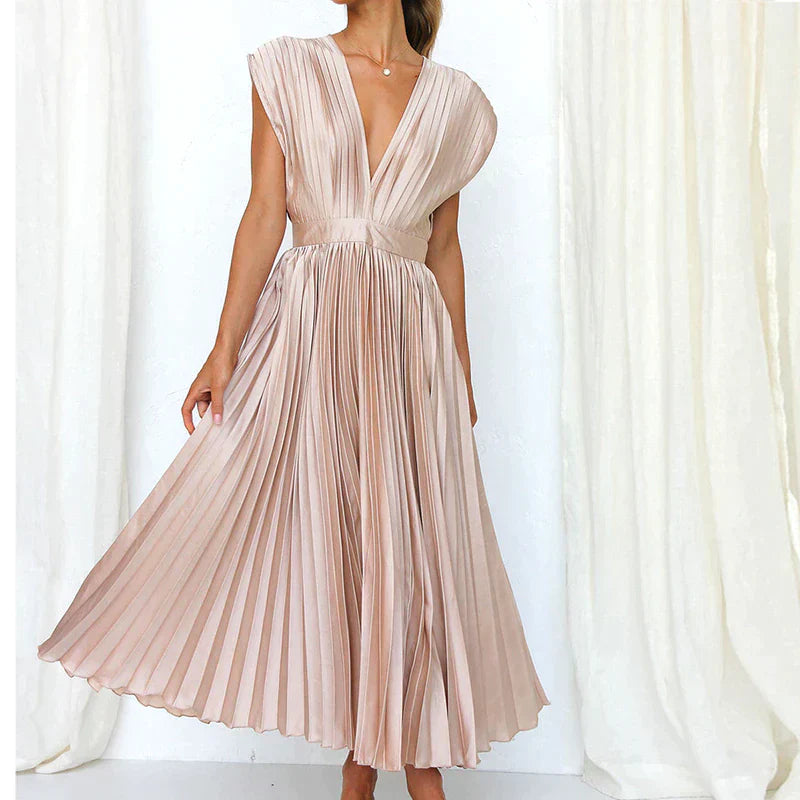 Bella | Women's Sleeveless Pleated Midi Dress with Deep V-Neck