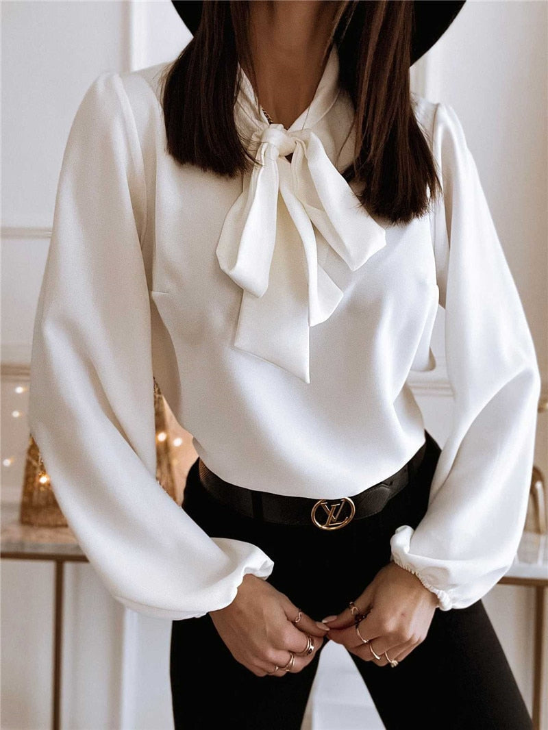 Blythe | Women's High Neck Bow Tie Blouse with Long Sleeves