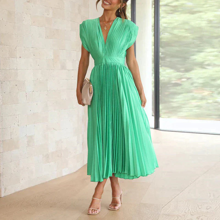 Bella | Women's Sleeveless Pleated Midi Dress with Deep V-Neck