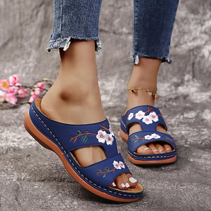 Gianna | Women's Orthopedic Embroidered Slip On Leather Sandals