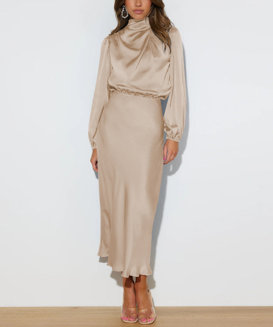 Mina | Women's Long Sleeve Satin Dress with High Neck