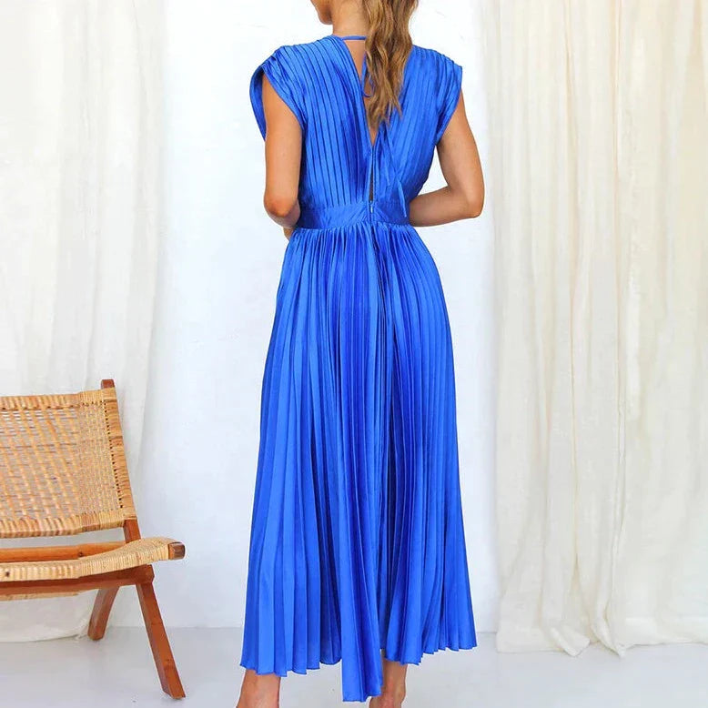 Bella | Women's Sleeveless Pleated Midi Dress with Deep V-Neck