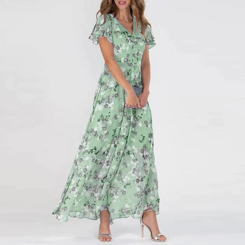 Savannah | Women's Floral Maxi Dress with V-neck and Short Sleeves