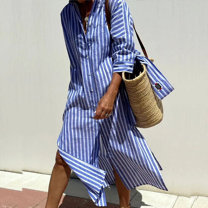 Solene | Women's Striped Long Sleeve Shirt Dress with Buttons