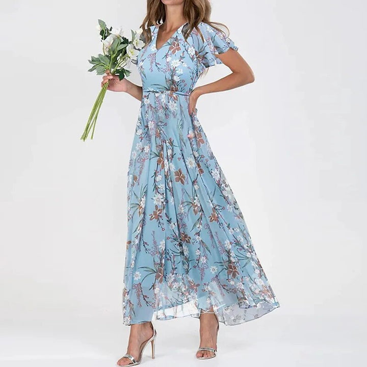 Savannah | Women's Floral Maxi Dress with V-neck and Short Sleeves