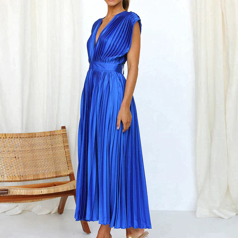 Bella | Women's Sleeveless Pleated Midi Dress with Deep V-Neck