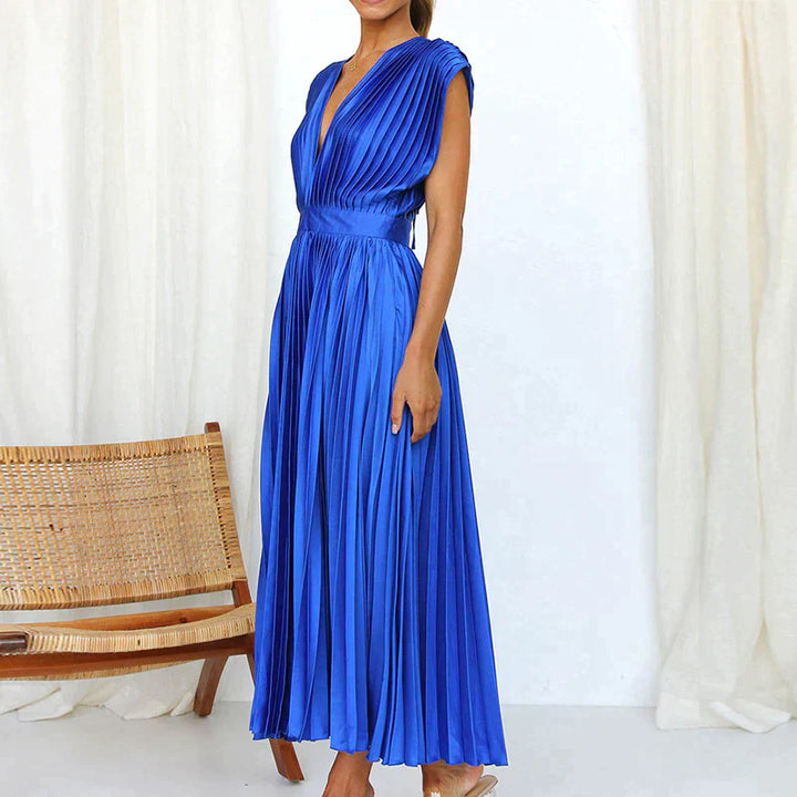 Bella | Women's Sleeveless Pleated Midi Dress with Deep V-Neck