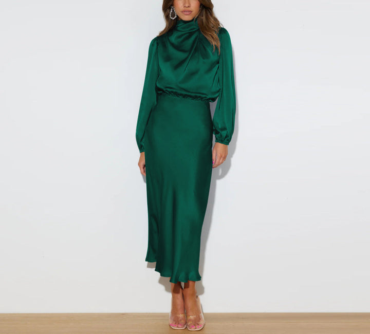 Mina | Women's Long Sleeve Satin Dress with High Neck