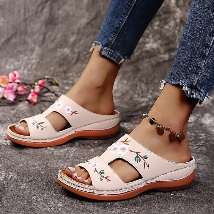 Gianna | Women's Orthopedic Embroidered Slip On Leather Sandals