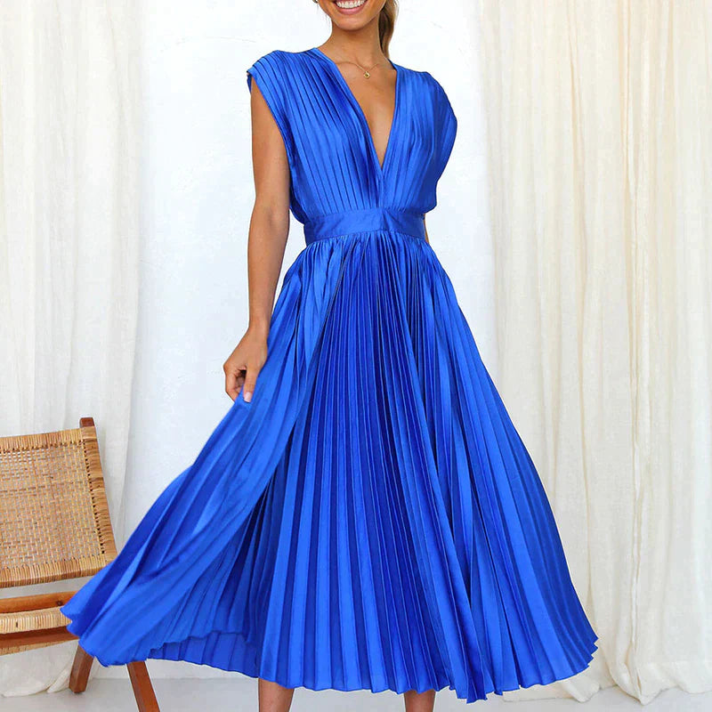 Bella | Women's Sleeveless Pleated Midi Dress with Deep V-Neck