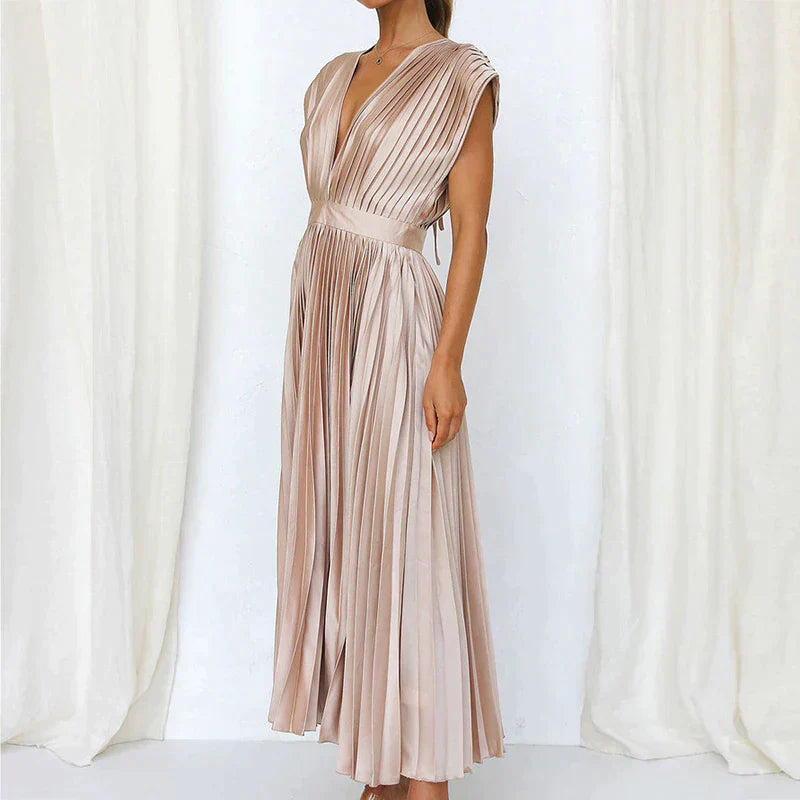 Bella | Women's Sleeveless Pleated Midi Dress with Deep V-Neck