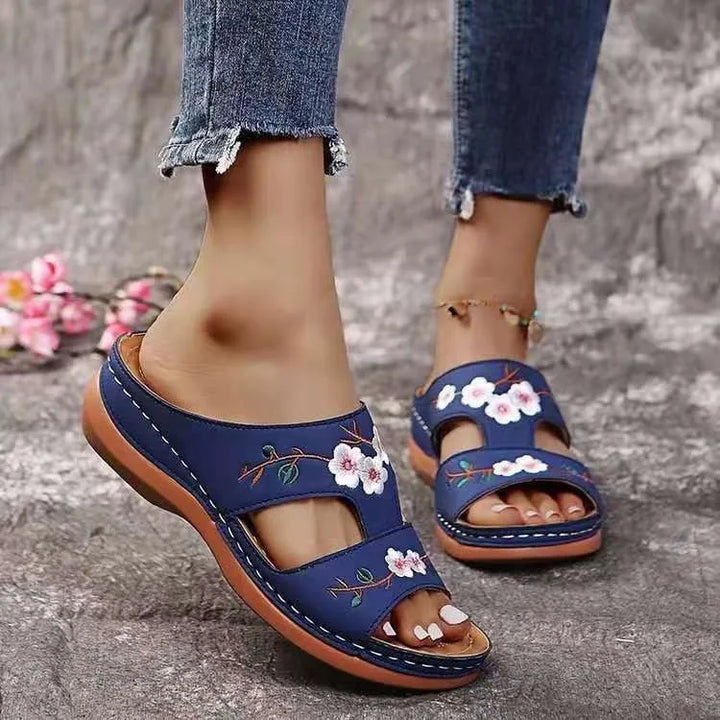 Gianna | Women's Orthopedic Embroidered Slip On Leather Sandals