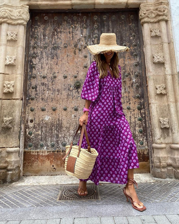 Chloe | Women's Printed Boho Dress with V-neck and Puff Sleeve