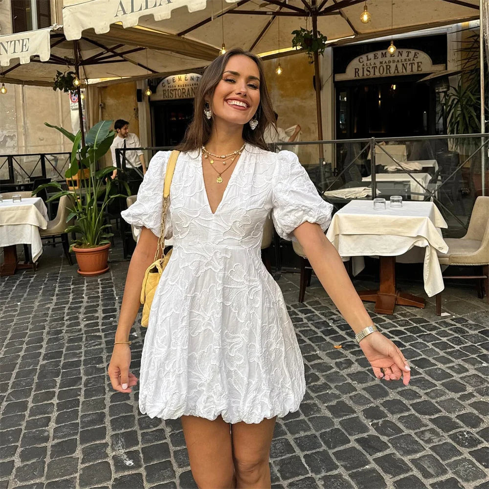 Althea | Women's Puff Sleeve Mini Dress with Floral Embroidered