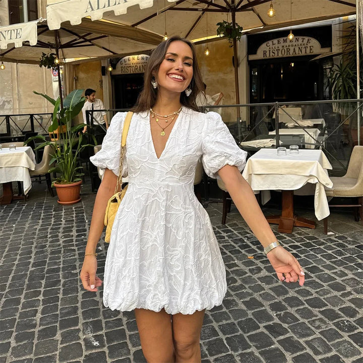 Althea | Women's Puff Sleeve Mini Dress with Floral Embroidered