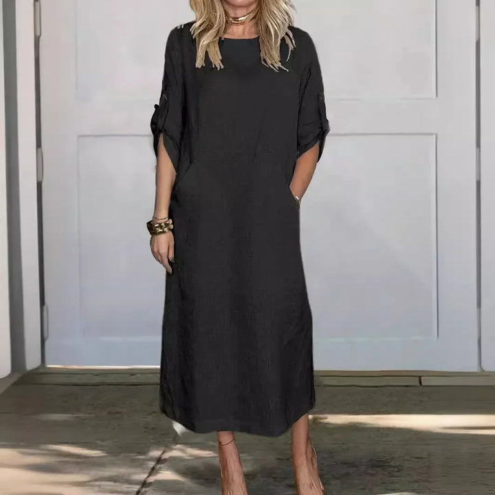 Emily | Women's Casual Roll Tab Sleeves Linen Midi Dress
