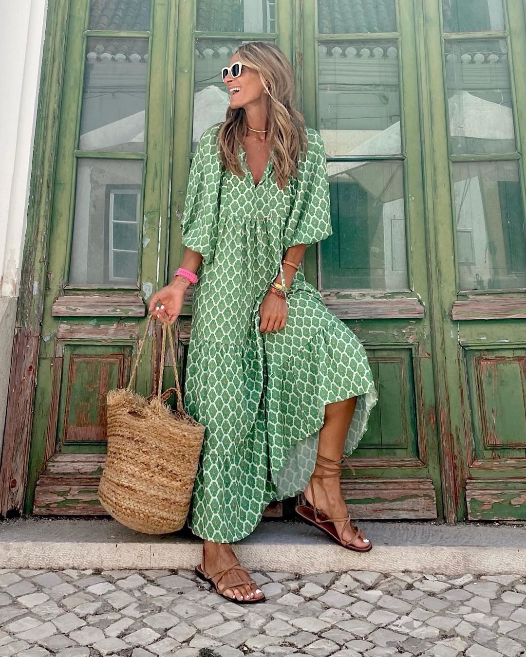 Chloe | Women's Printed Boho Dress with V-neck and Puff Sleeve