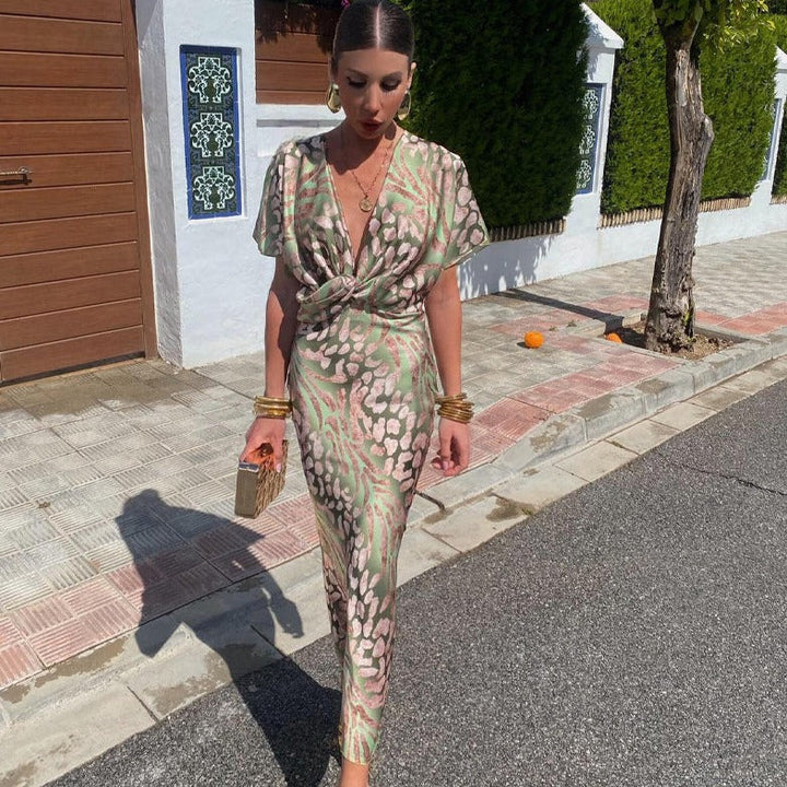 Riley | Women's Twisted V Neck Maxi Dress with Leopard Print