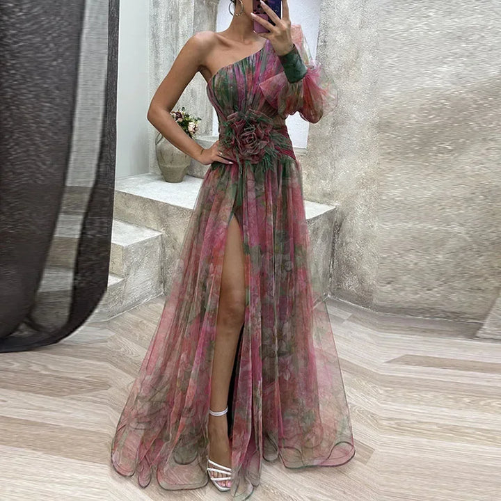 Lillian | Women's One Shoulder Floral Mesh Maxi Dress with High Slit