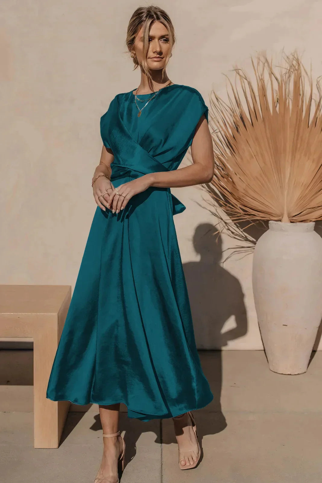 Alice | Women's Elegant Satin Cap Sleeve Midi Dress