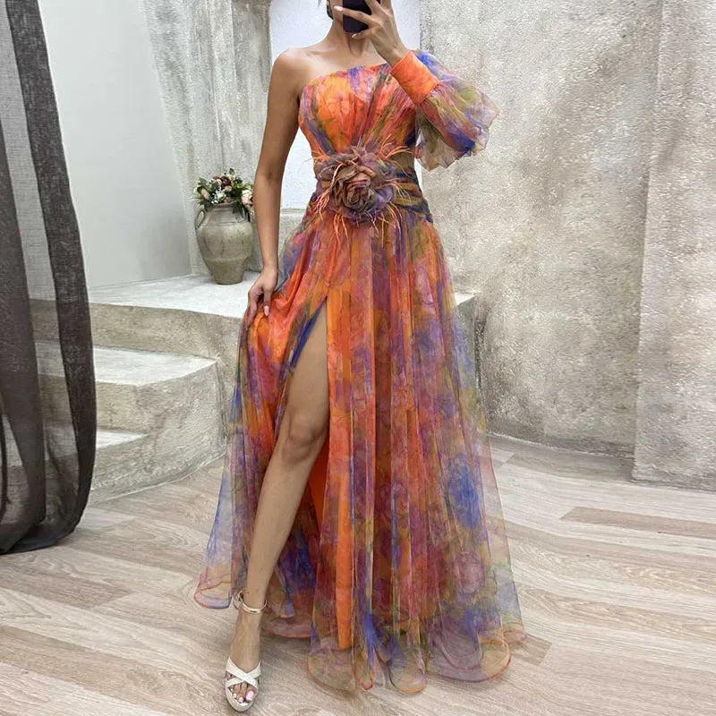 Lillian | Women's One Shoulder Floral Mesh Maxi Dress with High Slit