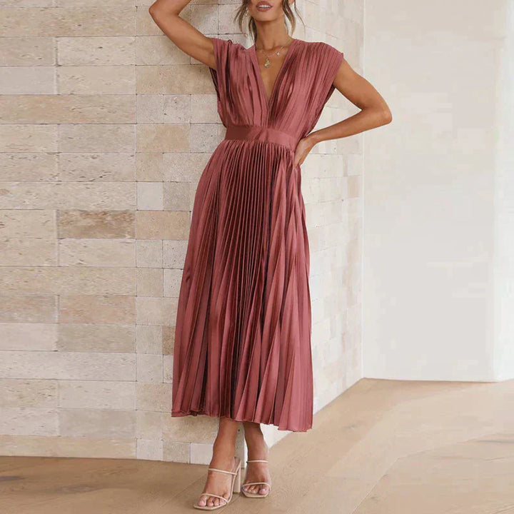 Bella | Women's Sleeveless Pleated Midi Dress with Deep V-Neck