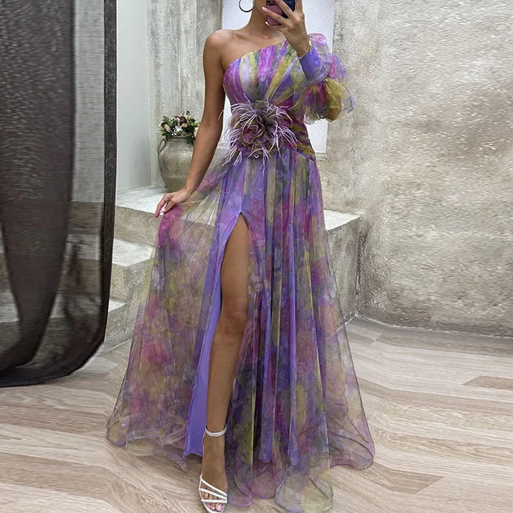 Lillian | Women's One Shoulder Floral Mesh Maxi Dress with High Slit