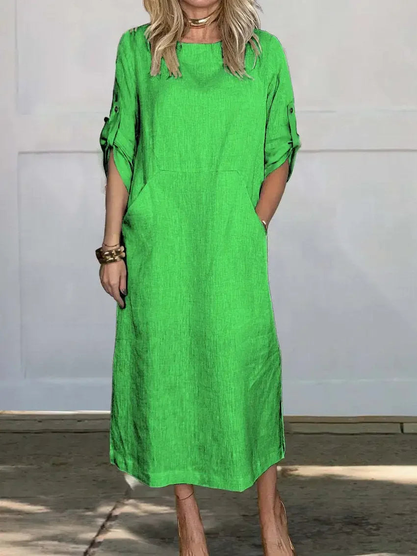 Emily | Women's Casual Roll Tab Sleeves Linen Midi Dress