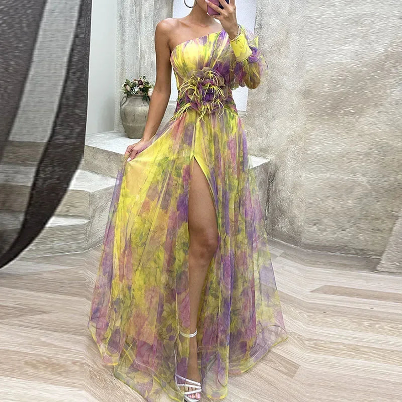 Lillian | Women's One Shoulder Floral Mesh Maxi Dress with High Slit