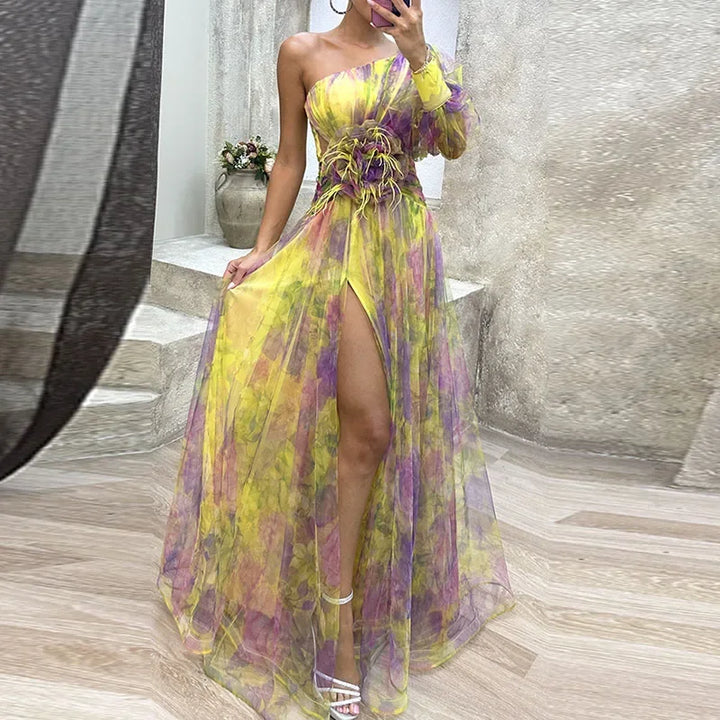 Lillian | Women's One Shoulder Floral Mesh Maxi Dress with High Slit