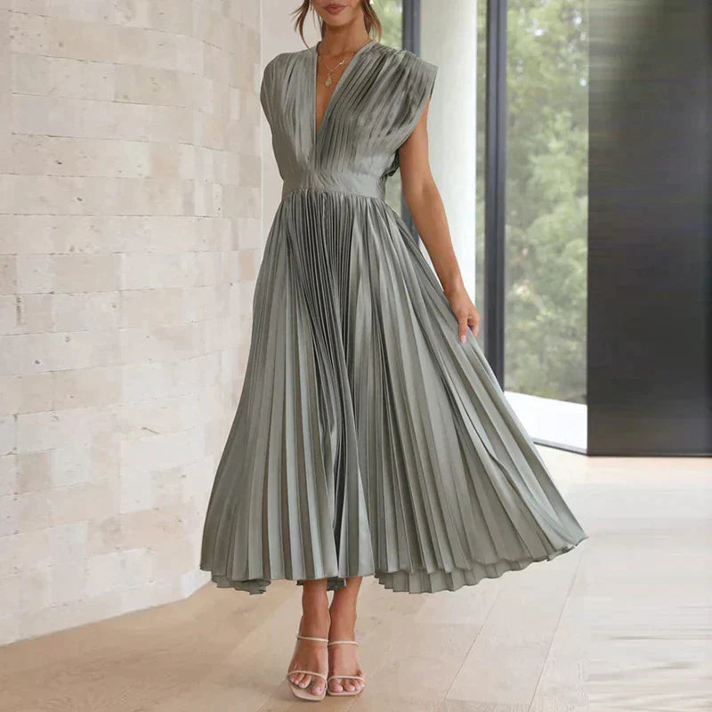 Bella | Women's Sleeveless Pleated Midi Dress with Deep V-Neck