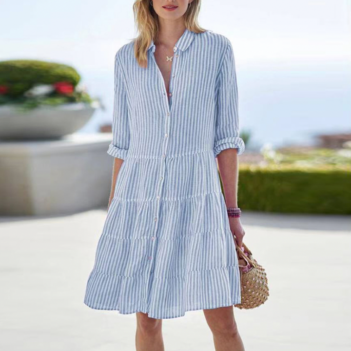 Cassy | Women's Striped Button Down Tiered Midi Dress