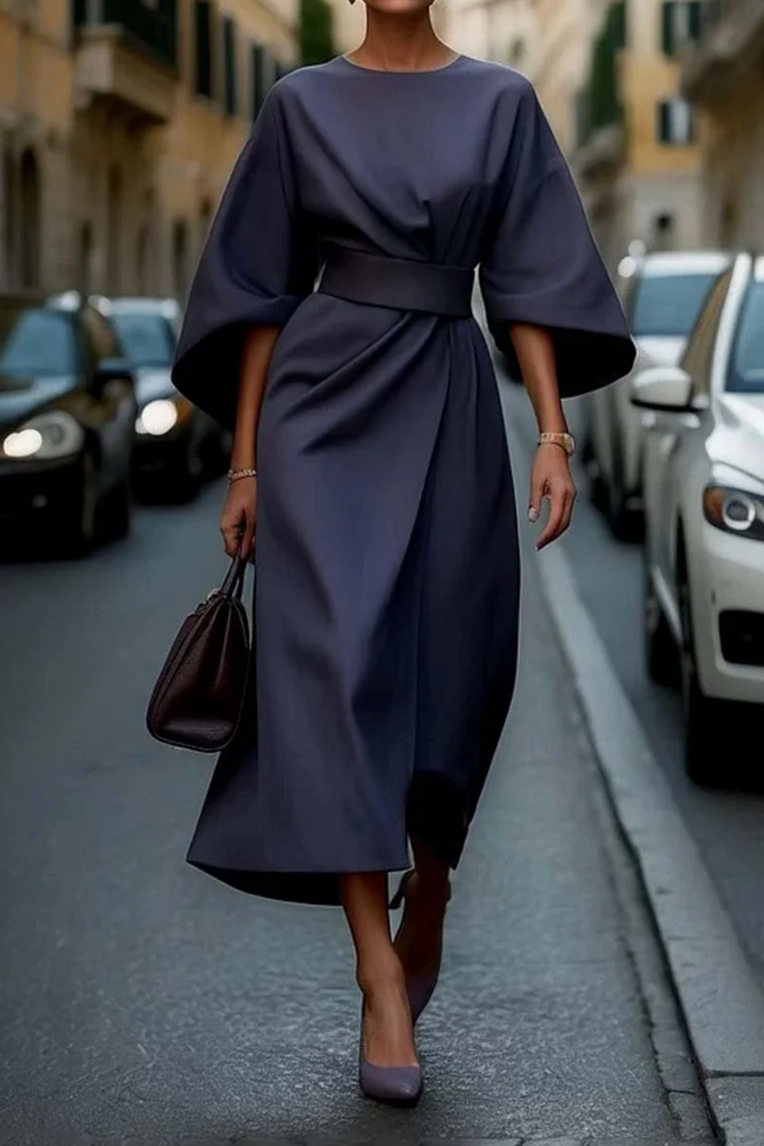 Ellie | Women's Elegant Kimono Sleeves Belted Midi Dress