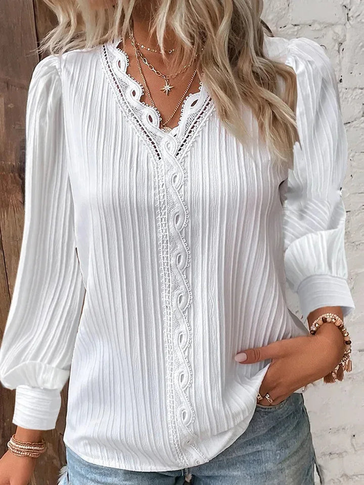 Rachel | Women's Long Sleeve Ribbed Blouse with Lace Trim and V-Neck