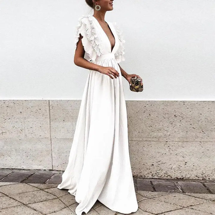 Nora | Women's High-Waist Flowing Maxi Dress with Ruffled Sleeves