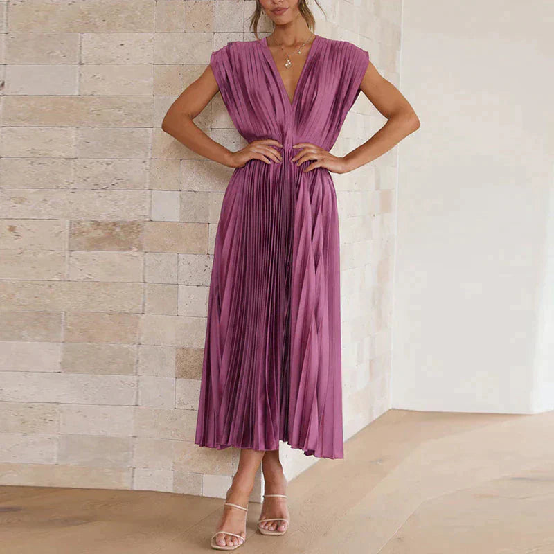 Bella | Women's Sleeveless Pleated Midi Dress with Deep V-Neck