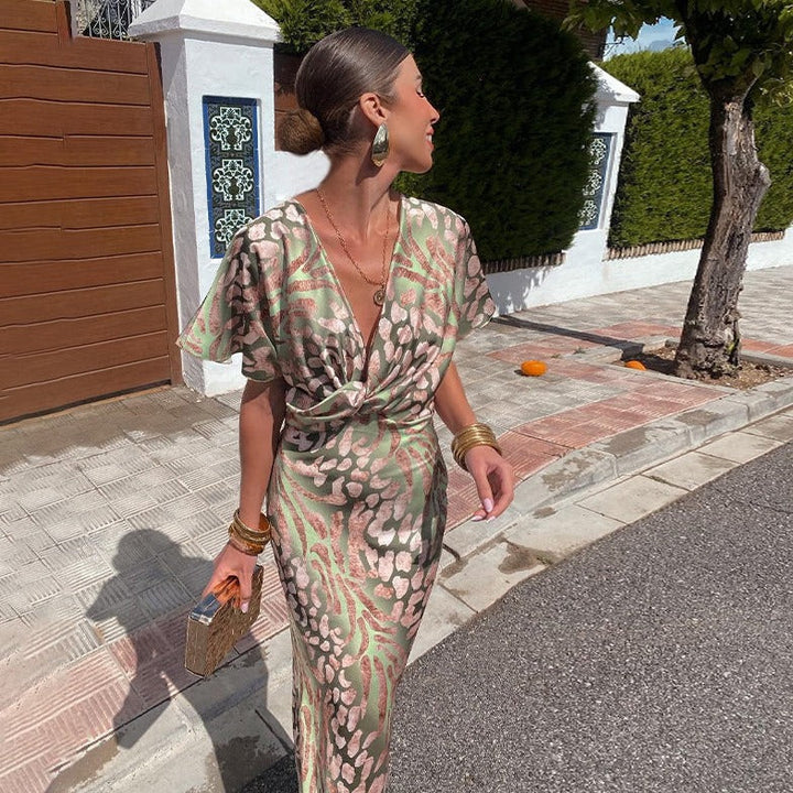 Riley | Women's Twisted V Neck Maxi Dress with Leopard Print