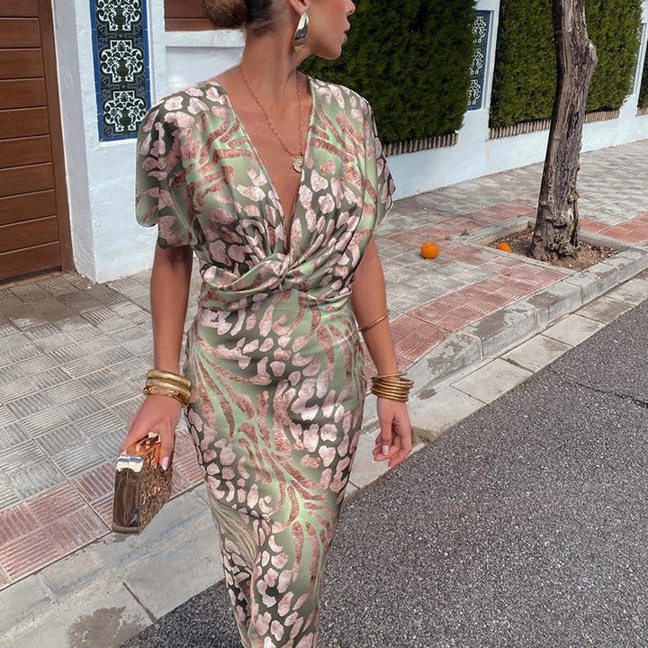 Riley | Women's Twisted V Neck Maxi Dress with Leopard Print