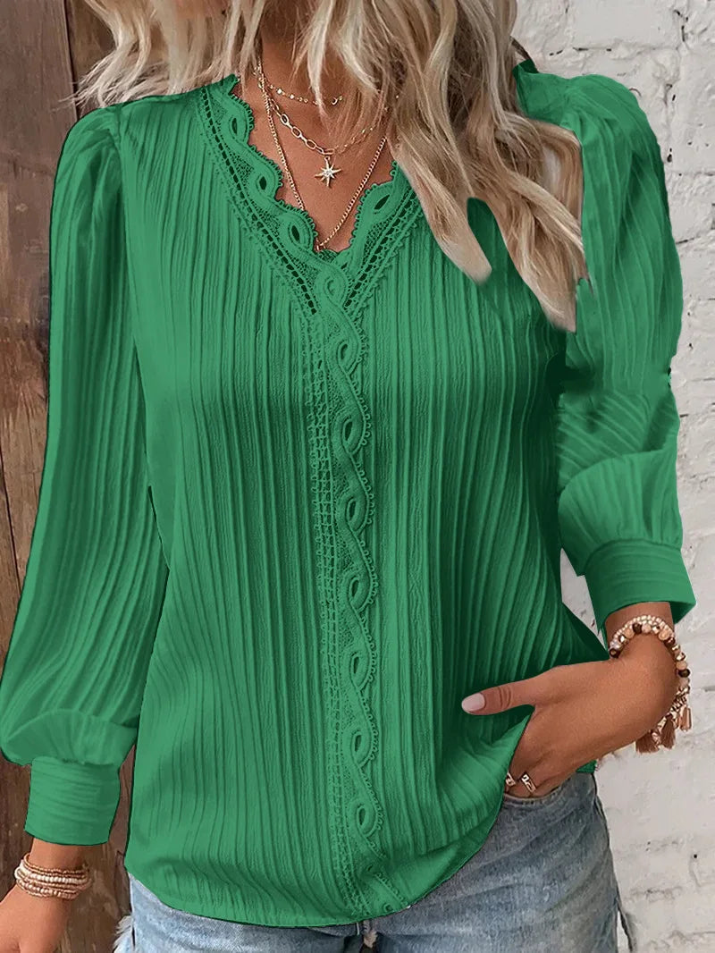 Rachel | Women's Long Sleeve Ribbed Blouse with Lace Trim and V-Neck