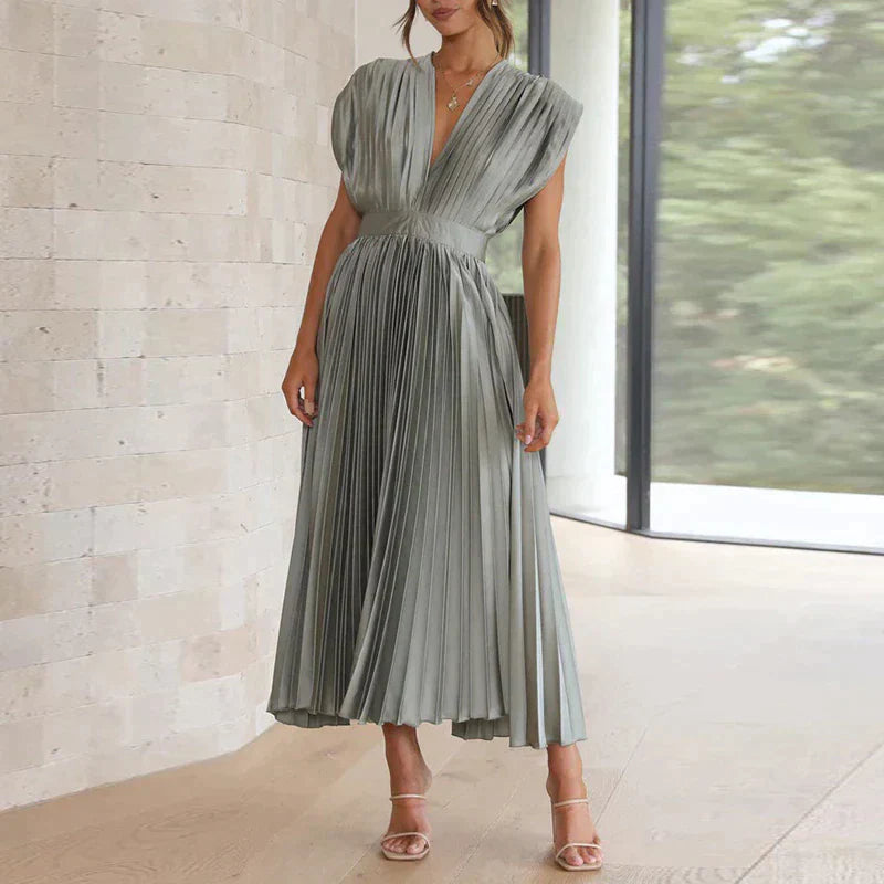 Bella | Women's Sleeveless Pleated Midi Dress with Deep V-Neck