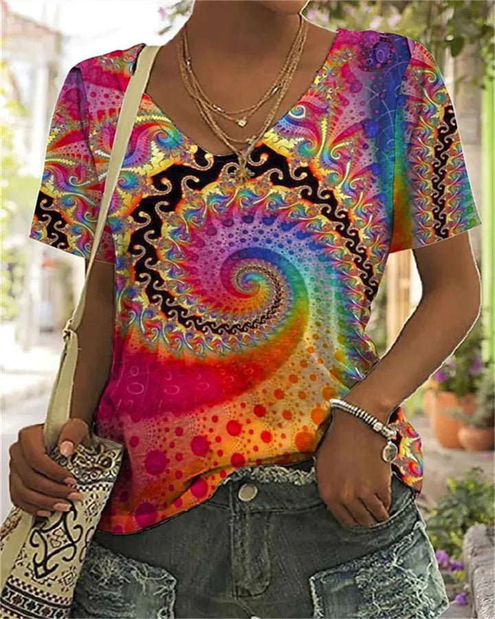 Jade | Women's V Neck Short Sleeve Summer Top with Colorful Spiral Print