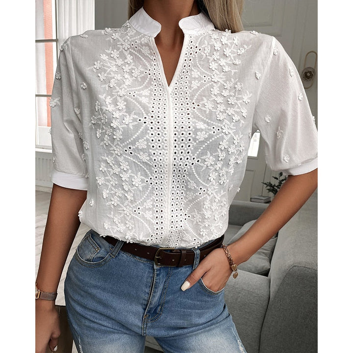 Lindsey | Women's V-neck Short Sleeve Top with Floral Embroidered and Eyelet