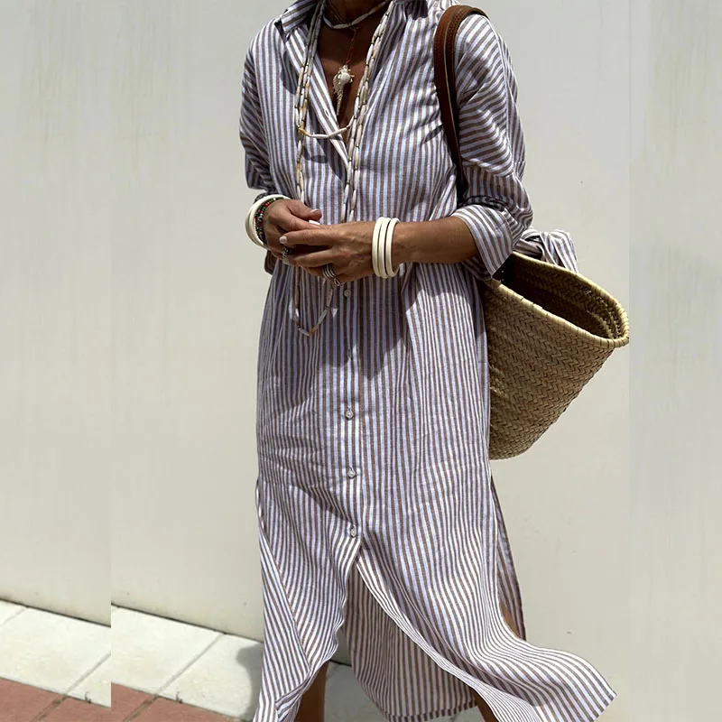 Solene | Women's Striped Long Sleeve Shirt Dress with Buttons