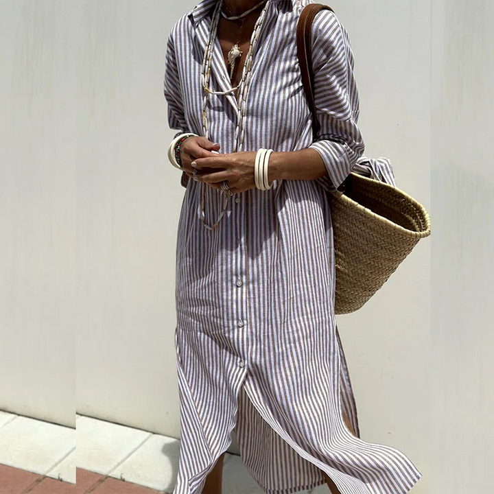 Solene | Women's Striped Long Sleeve Shirt Dress with Buttons
