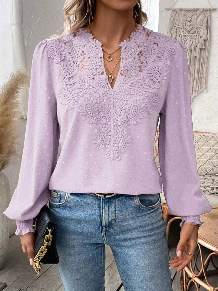 Prescila | Women's Long Sleeves Lace Patchwork V Neck Blouse