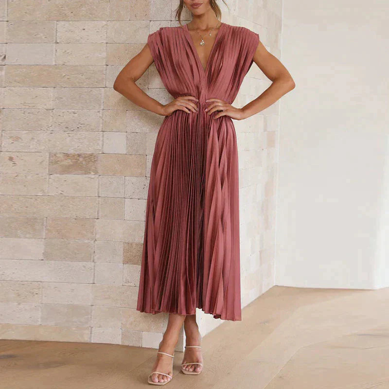 Bella | Women's Sleeveless Pleated Midi Dress with Deep V-Neck