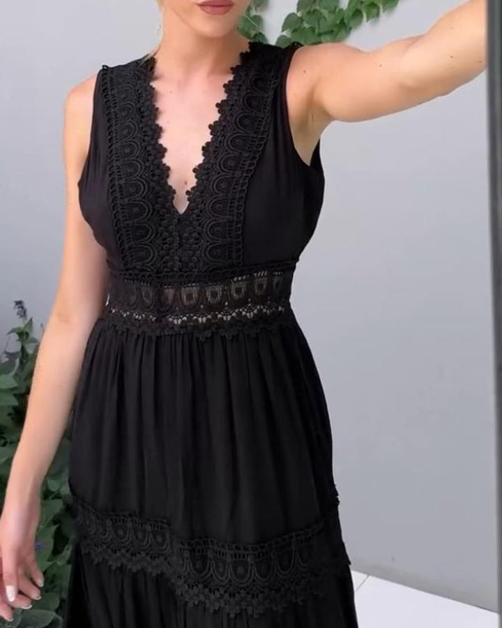Fern | Women's Sleeveless Lace Trim V-Neck A-Line Boho Dress