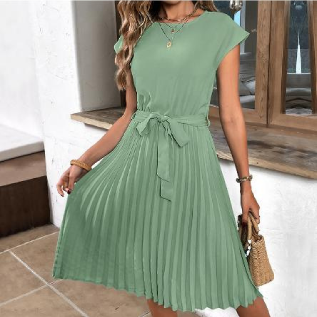 Marley | Women's Belted Short Sleeve Midi Dress with Pleated Skirt